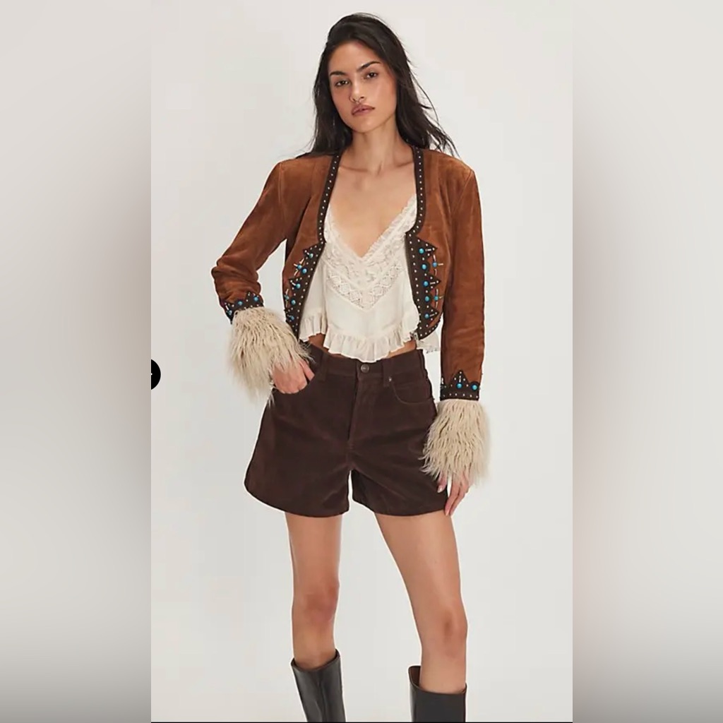 Free People Understated Save The Empire Suede Jacket Cropped Fur Cuffs Brown